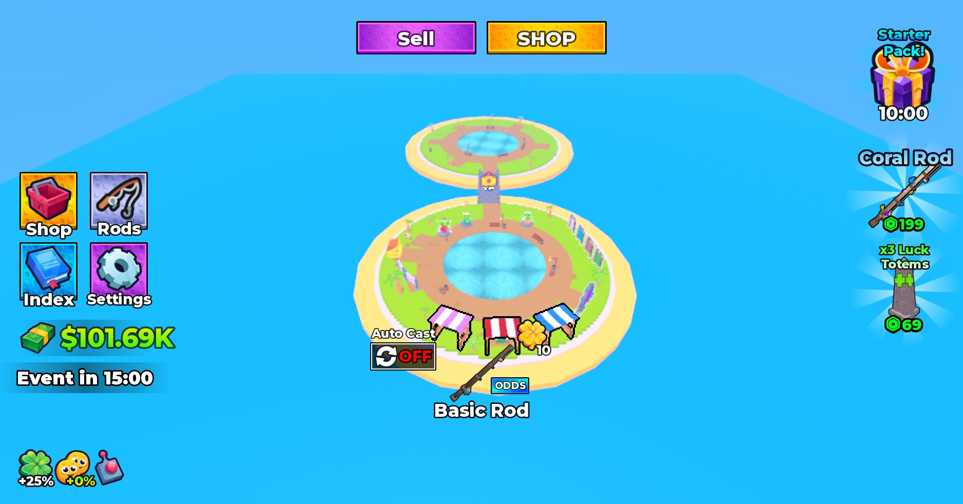 Fish For Brainrots project preview showing two fishing islands, rods, shops and collection controls