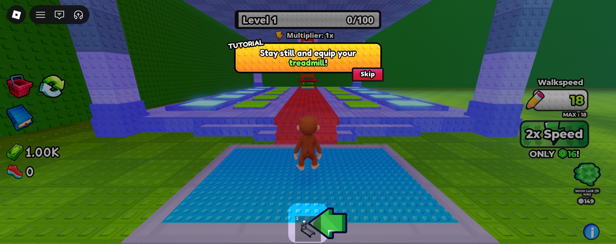 +1 Speed Escape tutorial showing treadmill progression and the first obstacle course